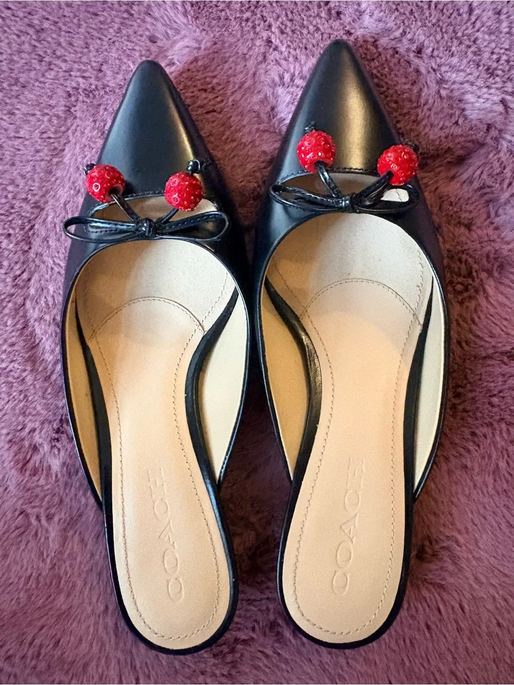 Coach Black Pointed-Toe Mules with Red Cherry Details